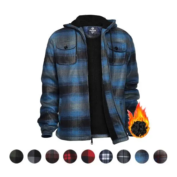 Men's Casual Plaid Flannel Jacket with Hood, Heavyweight Sherpa Fleece Lined Zip-Up Winter Coat for Athletic Wear, Checked, Tops, Menswear, Polyester