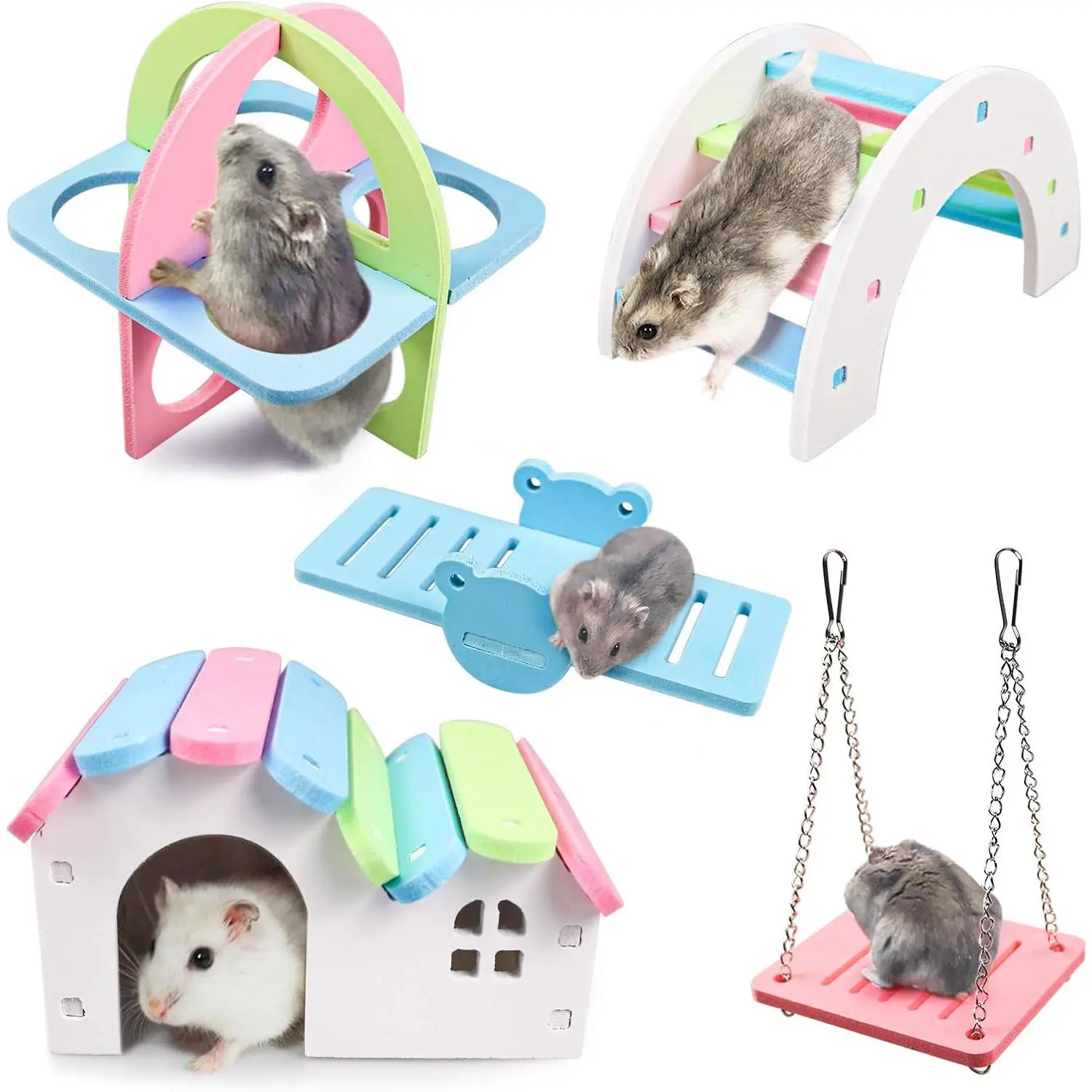DIY Wooden Small Pet Hideout Set Pack with Rainbow Swing, PVC Seesaw, Play Area for Hamsters, Gerbils