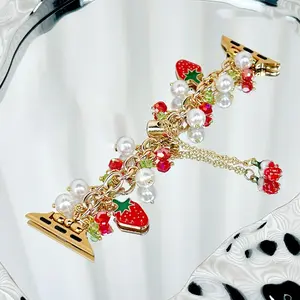 1PC Fashion Strawberry Pearl Metal Chain Terms Apple Watch bands, Smart Watch Strap, Smartwatch Accessories, compatible with Apple Watch 38/40/41/42/44/45/46/49mm, suitable for Apple Watch series Ultra/SE/11/10/9/8/7/6/5/4/3/2/1, (strap only)