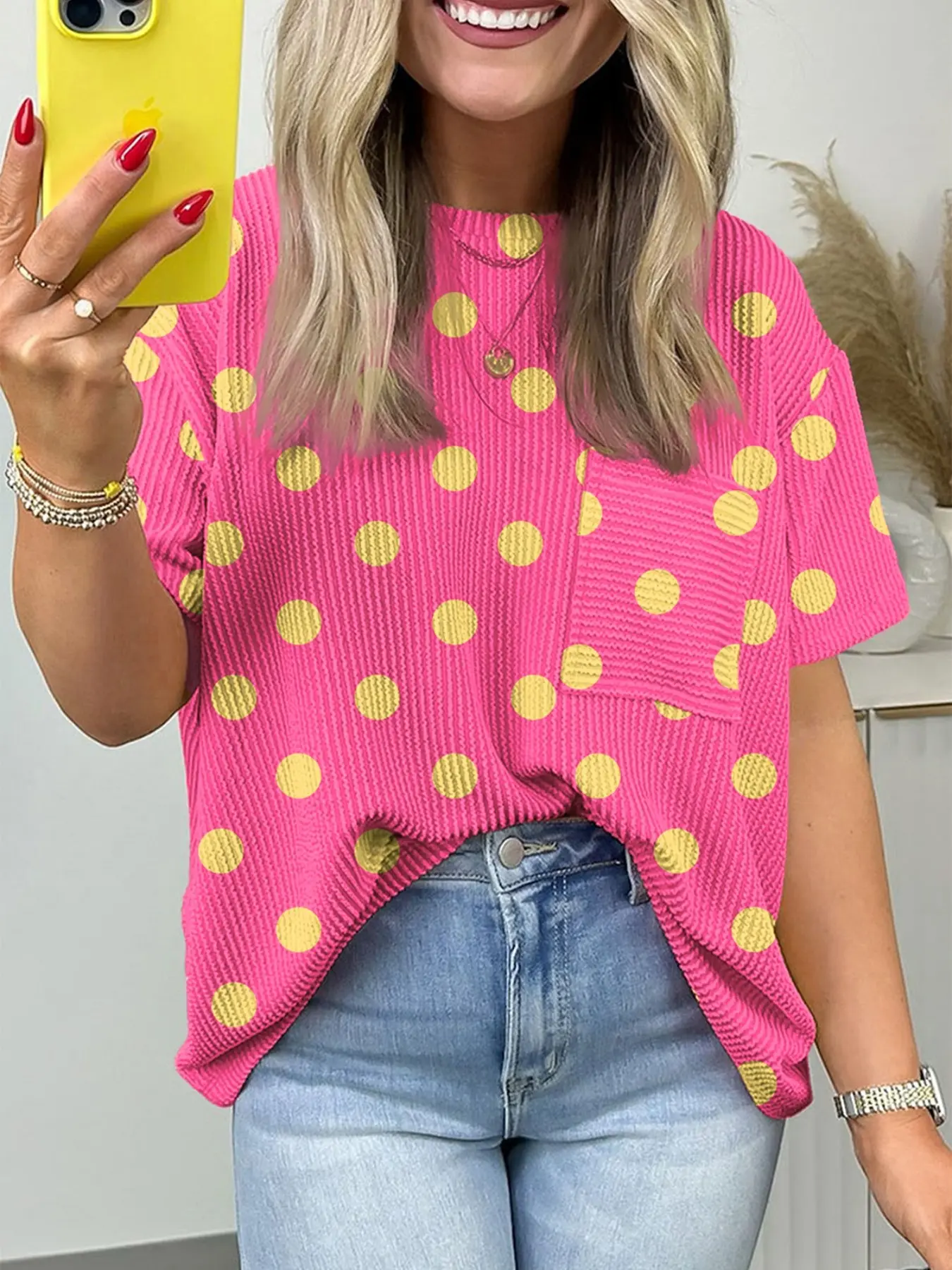 Summer Casual Loose Polka-Dot Twisted-Knit Short-Sleeve Top with Patch Pockets, Comfortable and Stylish Knitwear, Women's Clothing for Warm Weather
