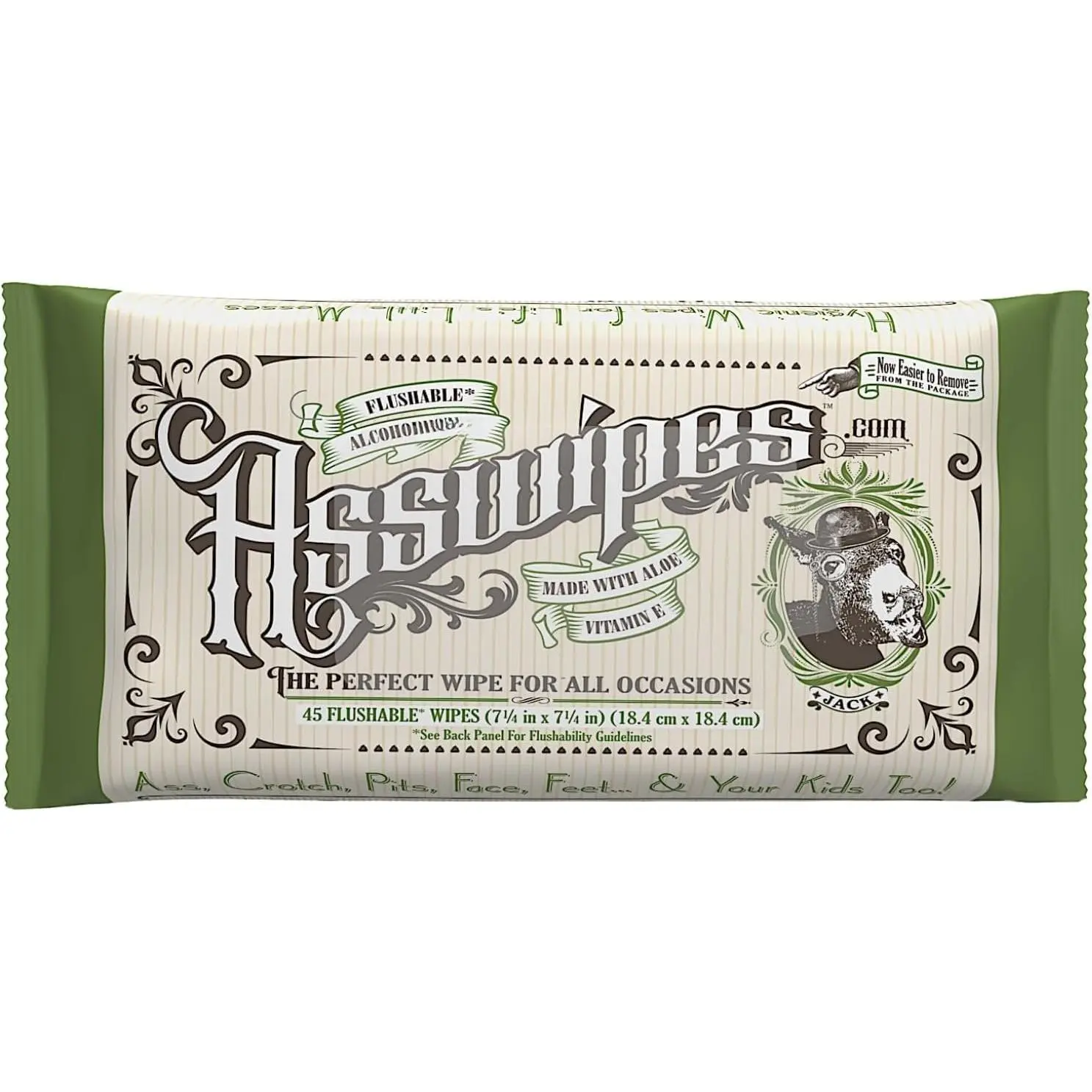 Asswipes Flushable Wipes - Extra-Large Adult Cleansing  Wet Wipes Flushable for Men, Women with Aloe and Vitamin E - Made without , -Free (1 Pack, 45 Wipes)