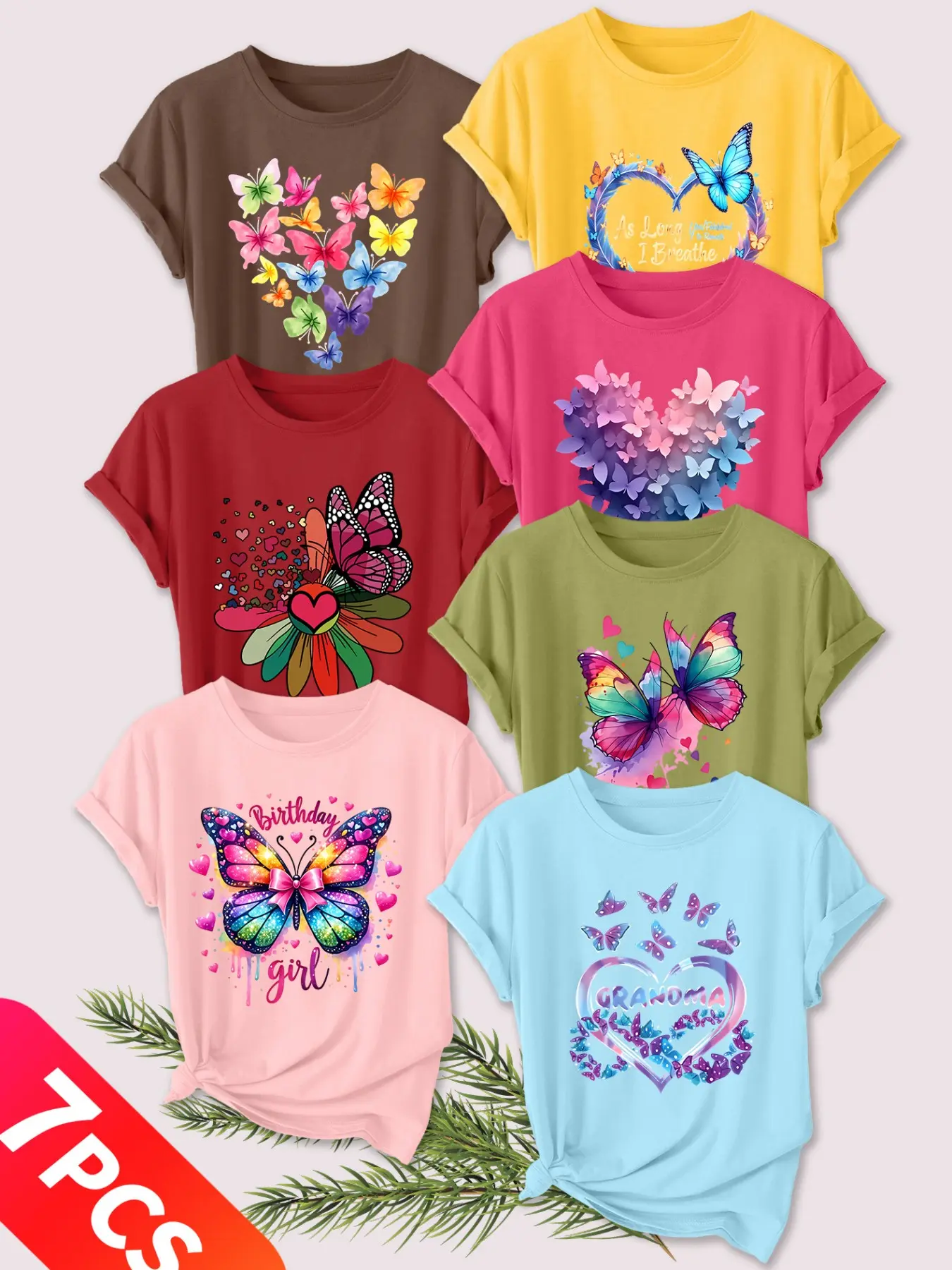 7PCS Women Crew Neck Casual Tee Tops, Colorful Butterfly Heart Print, multi-color, washable, soft summer top
