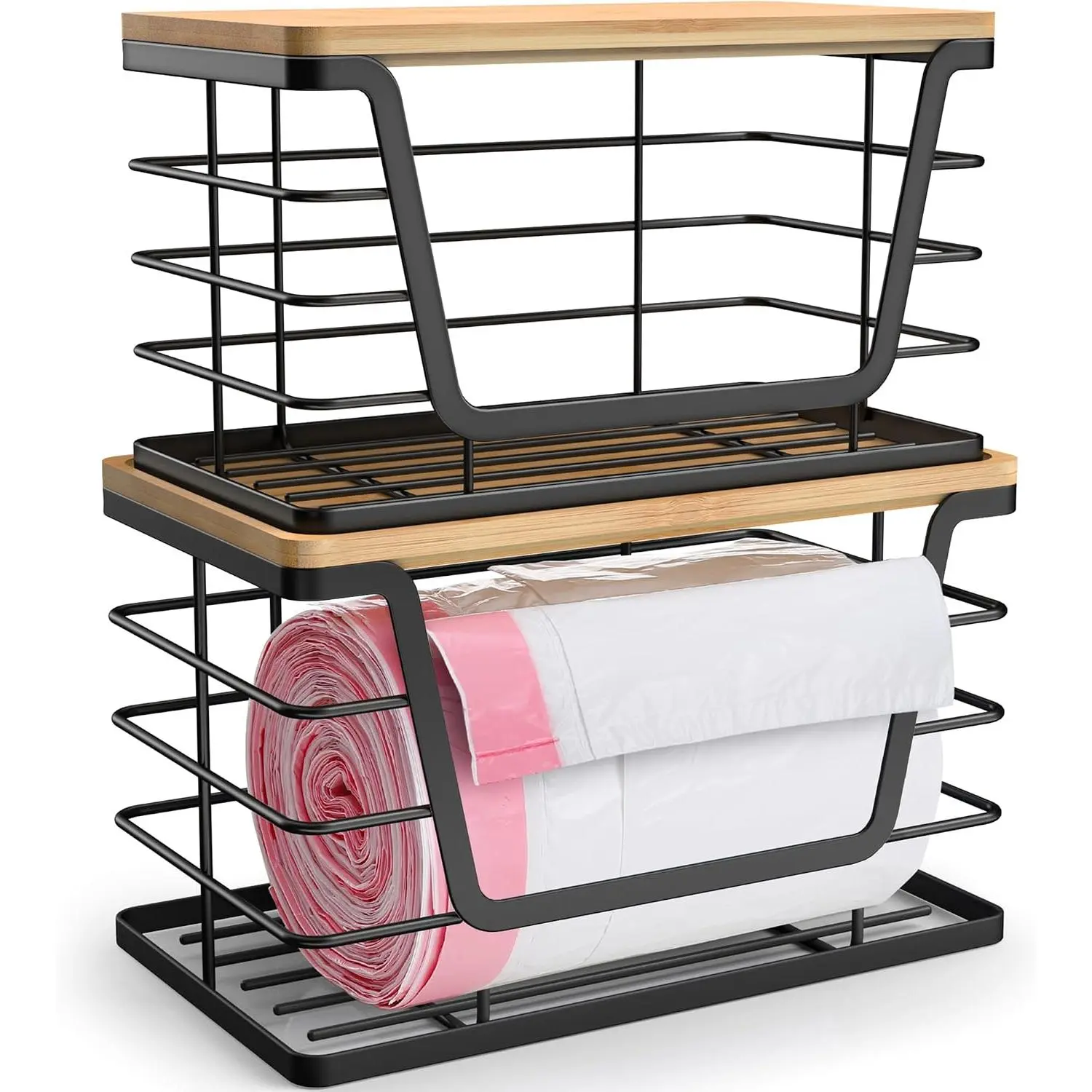 2-Pack Rectangular Smooth Waterproof Stainless Steel Storage Organizer Baskets with Bamboo Cover - Large Opening Large Trash Bag Holder, Small Garbage Bag Dispenser - Wall-Mountable, Easy Installation for Countertop Kitchen, Laundry Room Organization