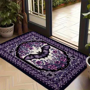 Gothic Purple Bat Floral Doormat, Vintage Witchy Entrance Mat, Dark Academia Area Rug for Front Door Porch, Spooky Elegant Halloween Home Decor