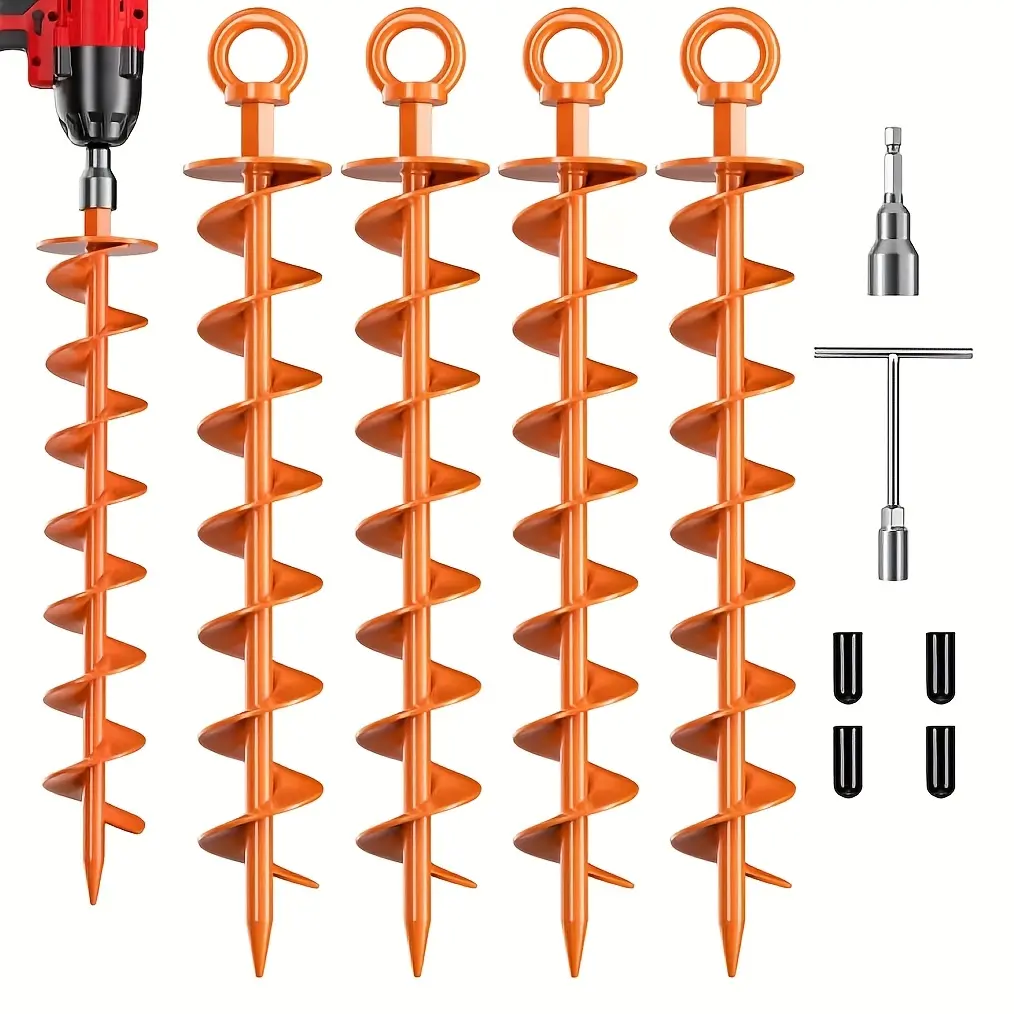 4-piece set, 15 inch heavy-duty spiral anchor nail outdoor tent courtyard windproof fixed stake complete installation accessories, suitable for tents, trampolines, outdoor stakes, garden columns, and safety anchoring - orange
