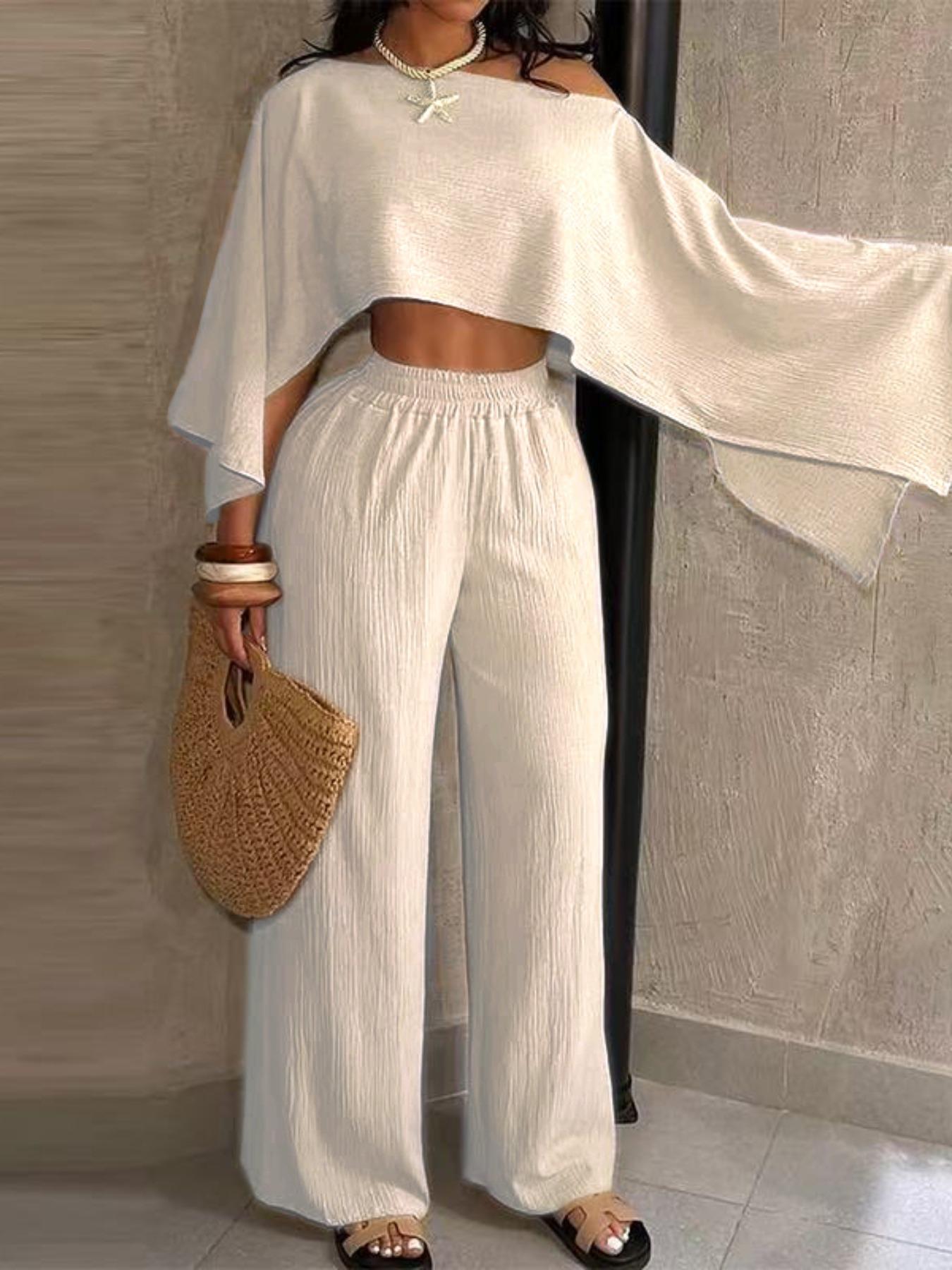 Women's Fashionable Asymmetrical Neckline Top & Elastic Waist Pocket Pants Set, Fit, Elegant Casual for Beach Vacation