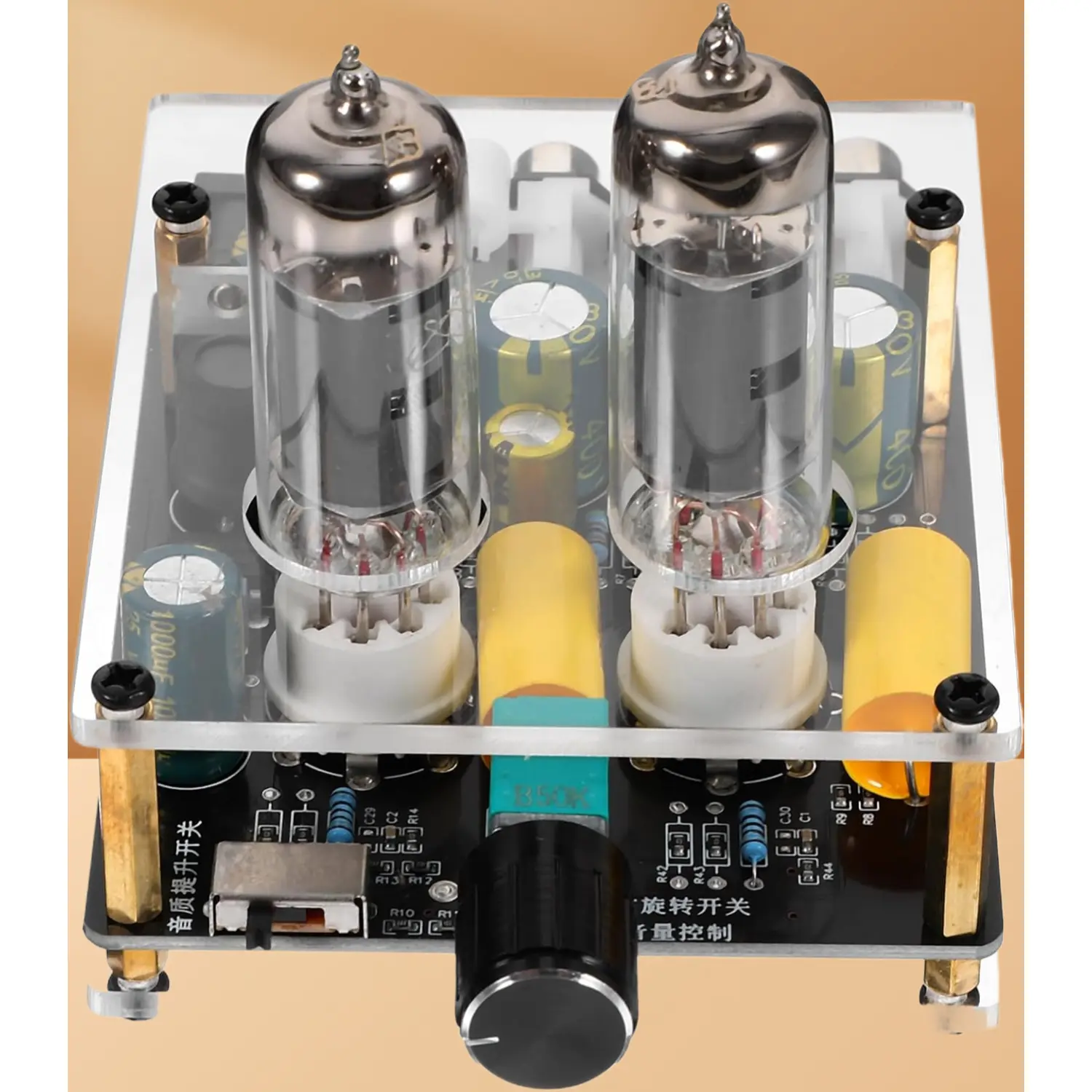 Veemoon ABS Outer Casing Vacuum Tube Preamp - Compact Desktop Size 11*8cm Stereo Turntable Signal Booster, Anti-Interference Circuit, Durable Internal Wiring, Reduces External Electromagnetic Disturbance for Audiophile Hi-Fi Home Theater Audio System