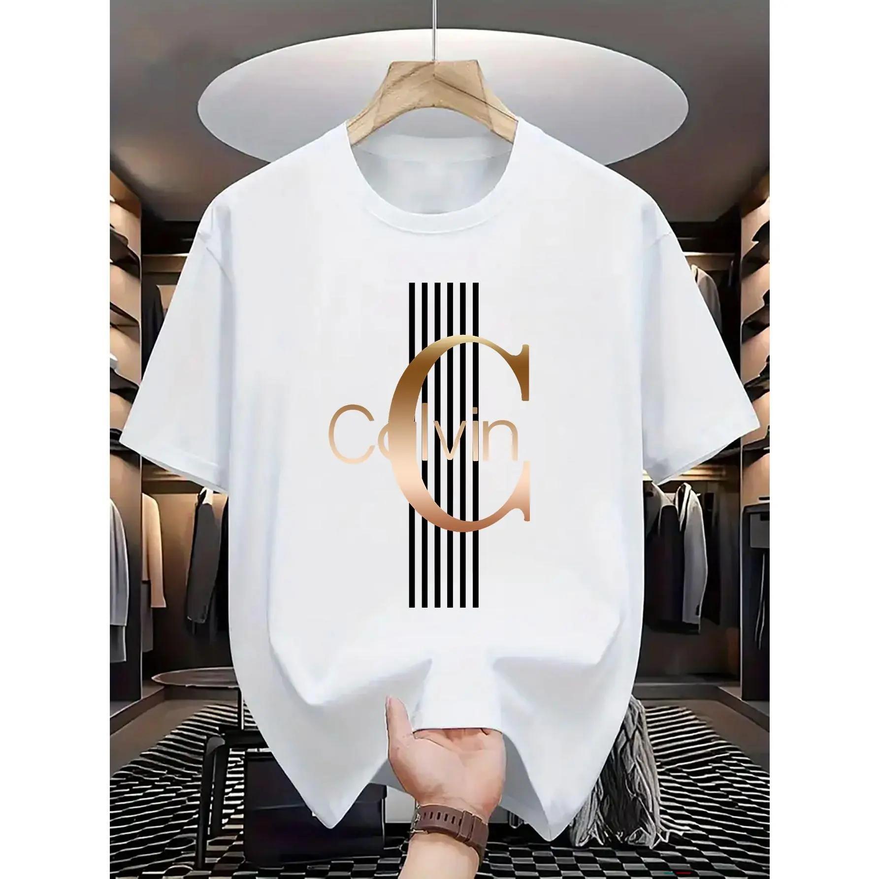 Men'S Casual Calvin Graphic T-Shirt - Bold Letter Print with Black Stripes & Golden Accents, Breathable Round Neck Summer Streetwear, Machine Washable, Comfortable Everyday Fashion Tee, Everyday Tshirt | Bold Letter Print | Comfortable Fit,