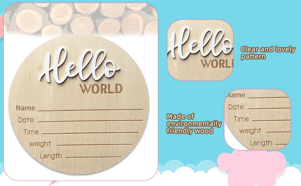 Baby Announcement Sign,​5.9 Inch Wooden Hello World Newborn Signs, Birth Announcement Sign, Baby Shower Hospital Nursery for Newborn Boys and Girls (White)