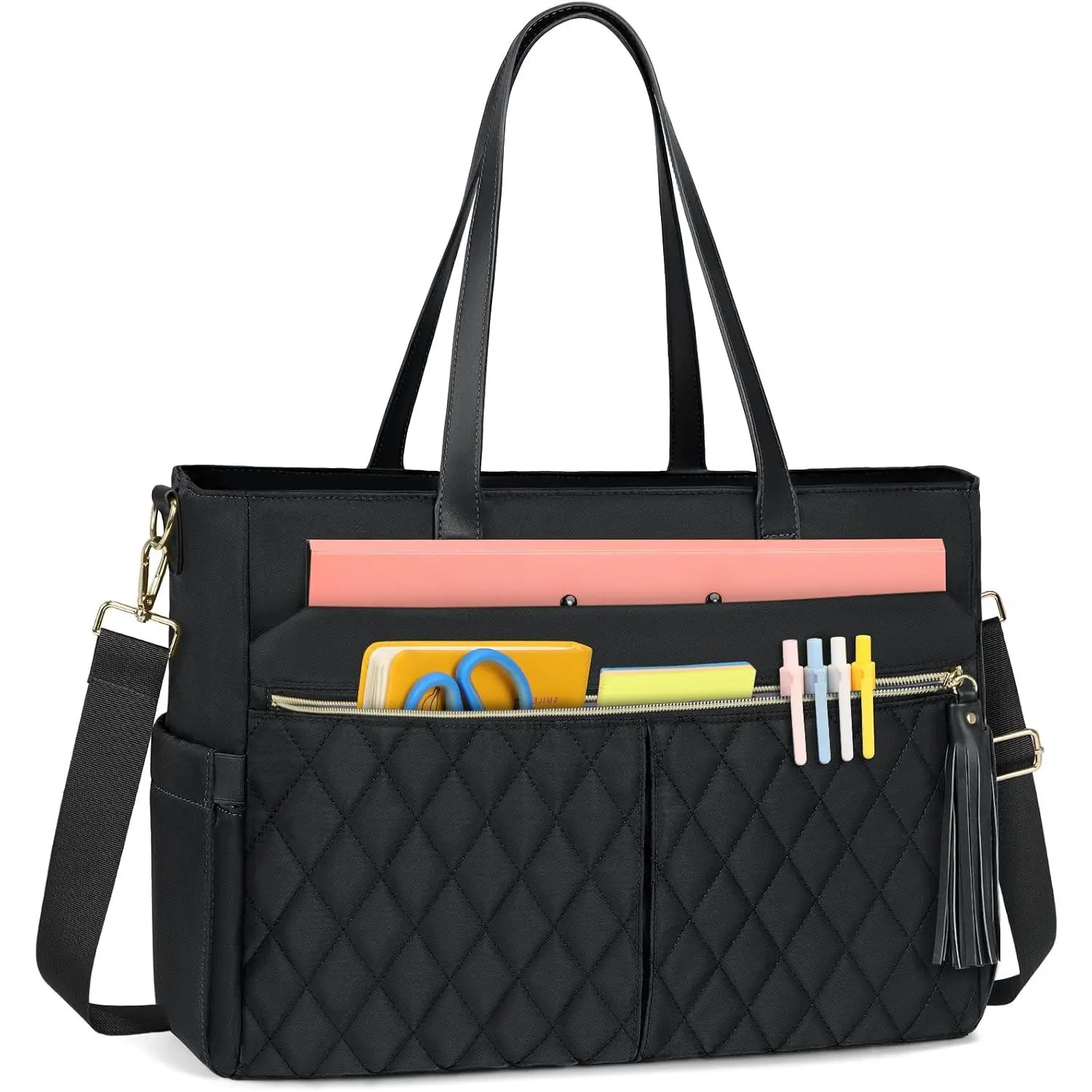Laptop Bag for Women 15.6" Teacher Tote Work Bag with Insulated Pockets, Professional Nurse Bag Laptop Briefcase Large Handbag for Office College , Black