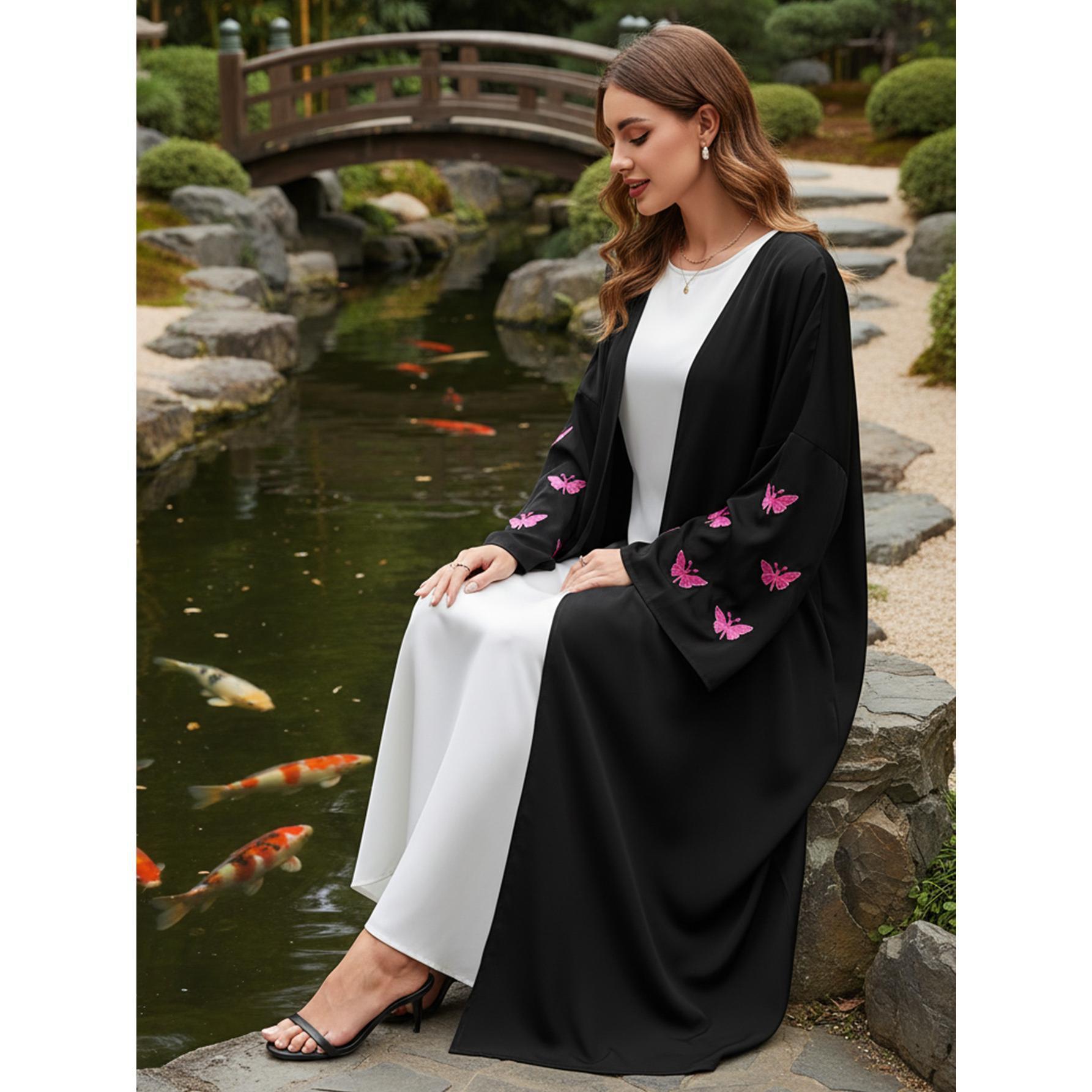Butterfly Embroidered Open Abaya Chic Kimono Cardigan | One Size Fits Most | Modest Black Casual Robe for Travel, Prayer & Daily Style