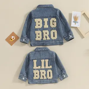 Baby Boys Denim Jacket Back Letter Embroidery Infant Button-Down Jeans Jacket Turn-Down Collar Toddler Coat Outerwear