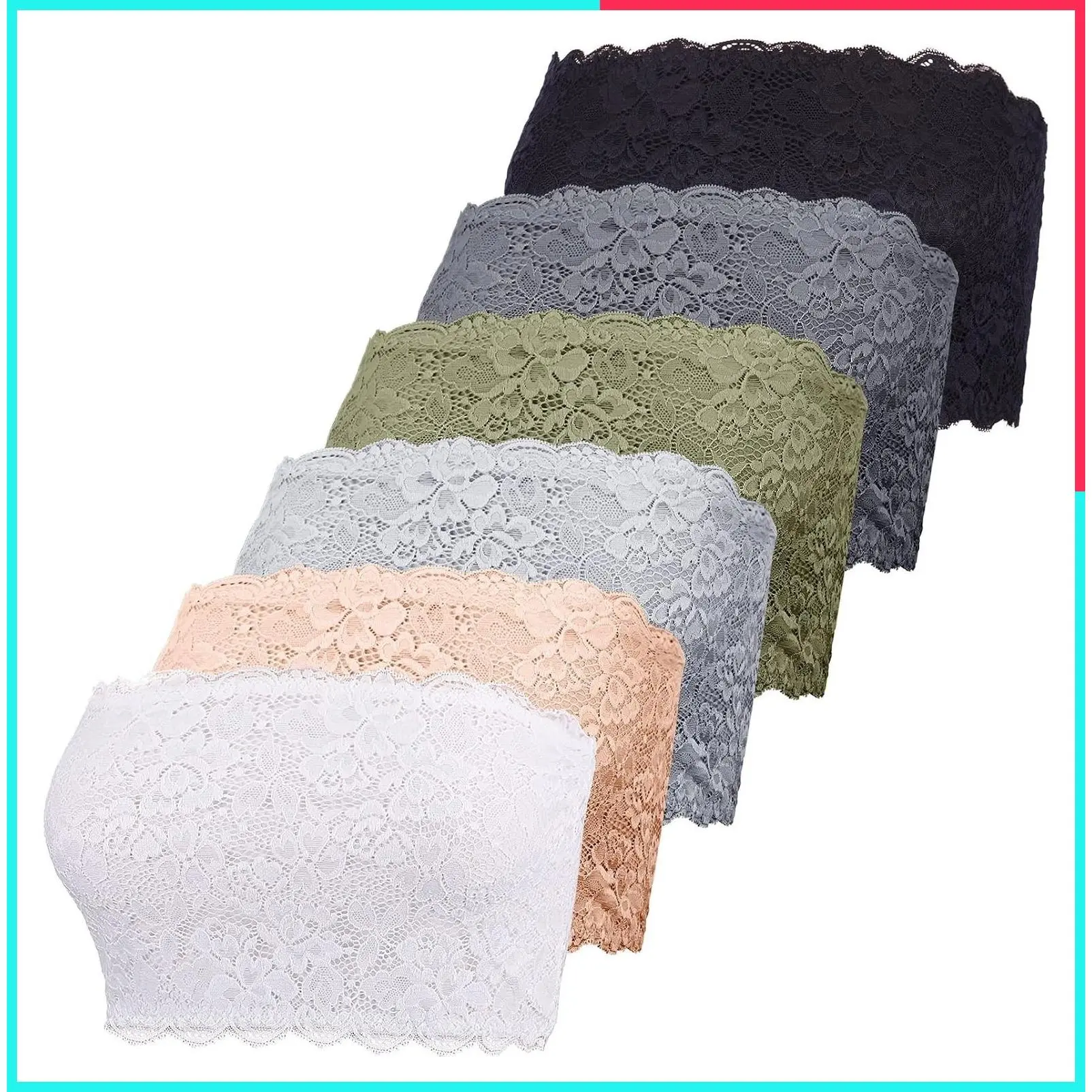 6 Pieces Floral Lace Bandeau Bra for Women - Seamless Strapless Stretchy Tube Top Bralette