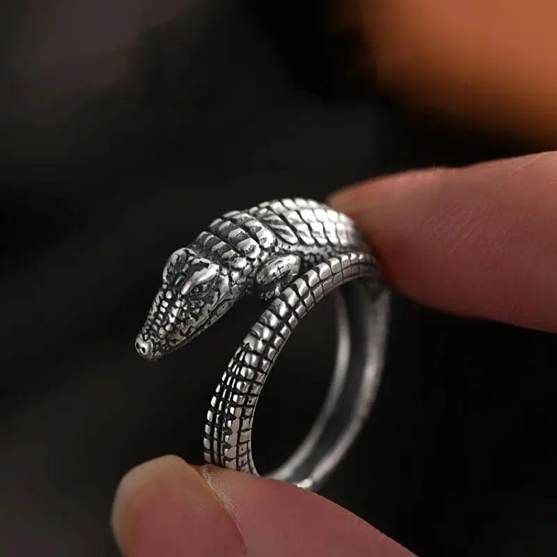 New Creative Retro Cute Animal 925 Sterling Silver Jewelry Personality Crocodile Exquisite Evil Fish Opening Rings   R034