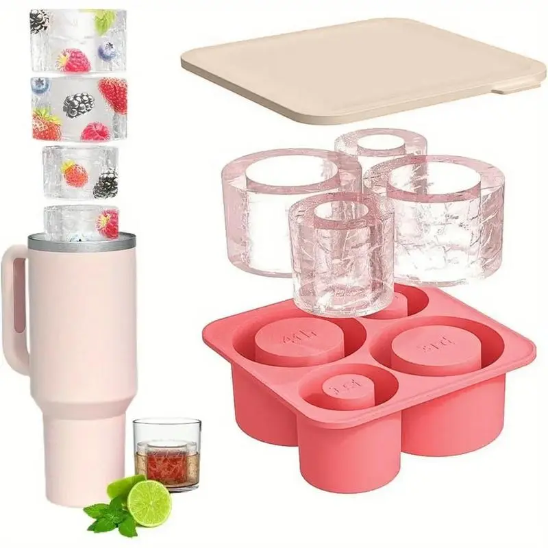 1 Stanley water cup special ice grid with lid (4 grids for split mold, easy demoulding), can stack cylindrical silicone ice maker (suitable for accompanying cup)
