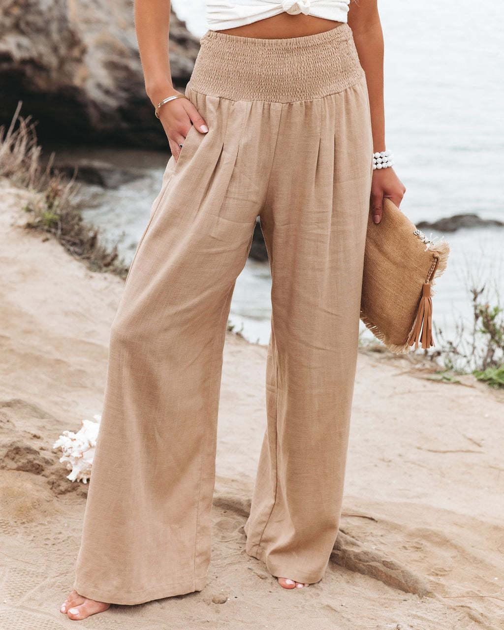 Women's Spring/Summer Beach Vacation Style Pants, Casual Wide-Leg Cotton-Linen Loose-Fit Trousers, Popular Beachwear Matching Pants for Women