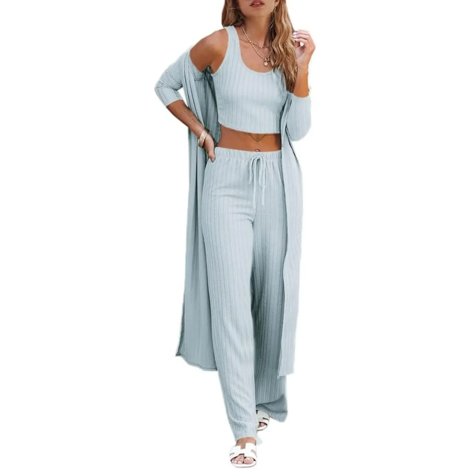 TANKANEO Lounge Set for Women, Casual 3 Piece Ribbed Knit Pajama Set with Cardigan, Crop Top, and Wide Leg Pants