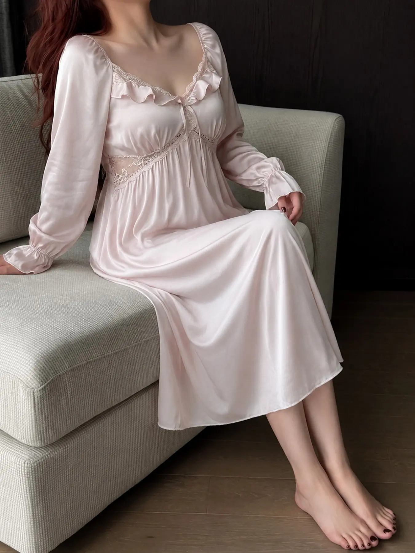 1PC Summer Plus Size Satin Long Nightgown Lace Trim V Neck Long Sleeve Empire Waist Loose Luxury Loungewear Viral Dress