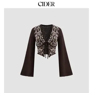 Cider [size 2-10] Knit V-neck Leopard Bowknot Crop Long Sleeve Top