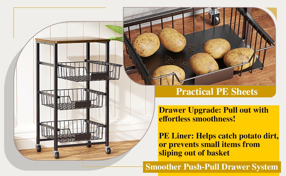 4-Tier Small Kitchen Storage Cart on Wheels, Metal Fruit Basket Stand with Pull-Out Baskets & Wood Top for Potato Onion Produce Snack Veggies