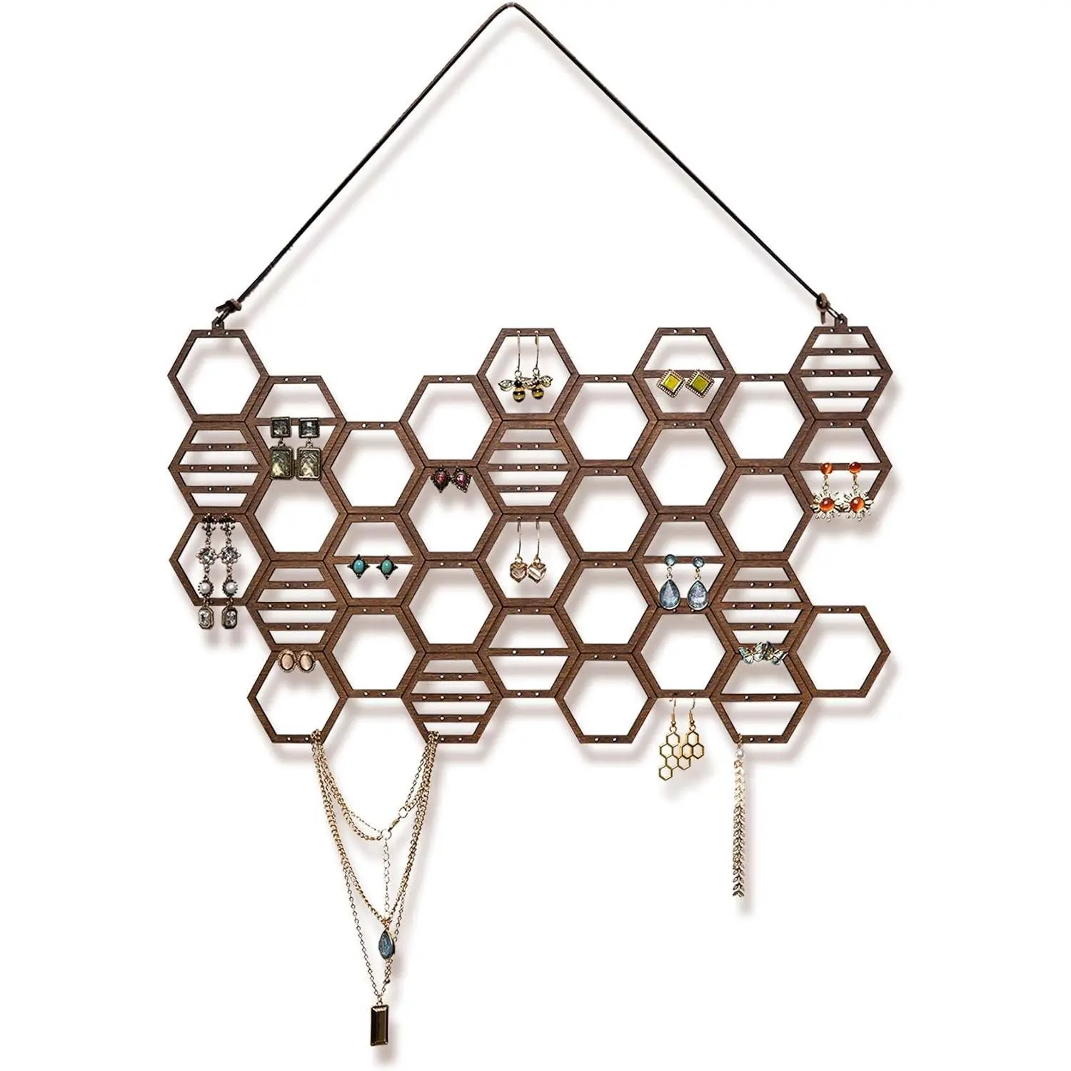 Honeycomb Wood Earring Organizer Wall Mount Display - Hanging Jewelry Storage for Stud Earrings & Necklaces, WalnutGift