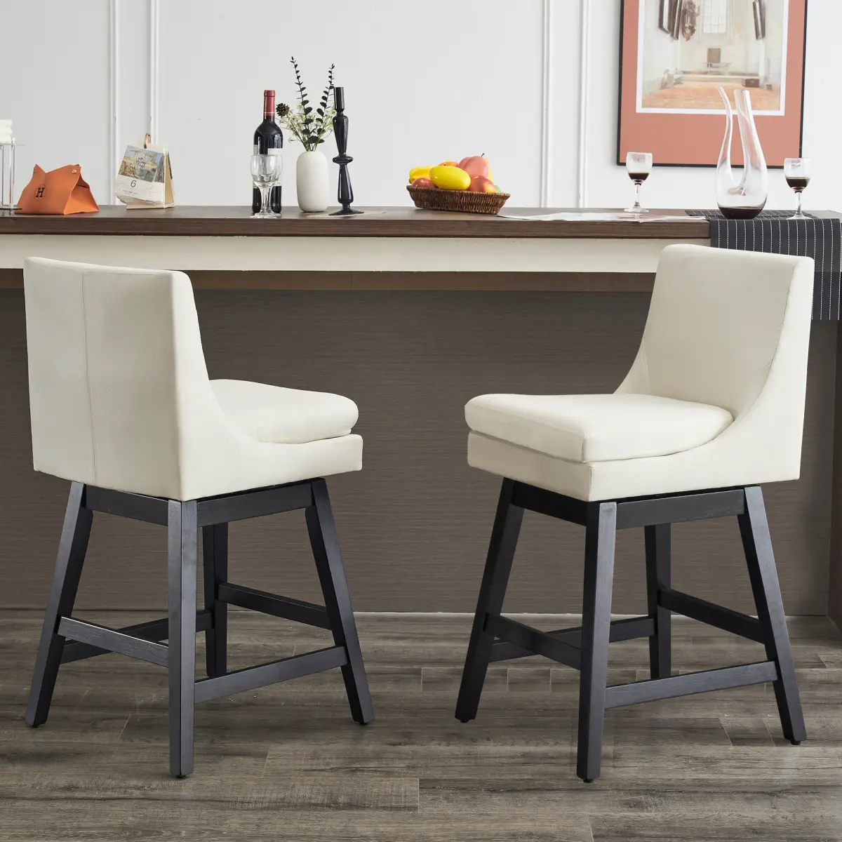 Fahuac 2-Pack Armless High-Back Linen Fabric Bar Stools - Wood Frame, Supportive Padded Seats, Adjustable Legs, 360° Rotating Swivel Chairs, Assembly Required, for Dining, Kitchen Island, Casual Gatherings