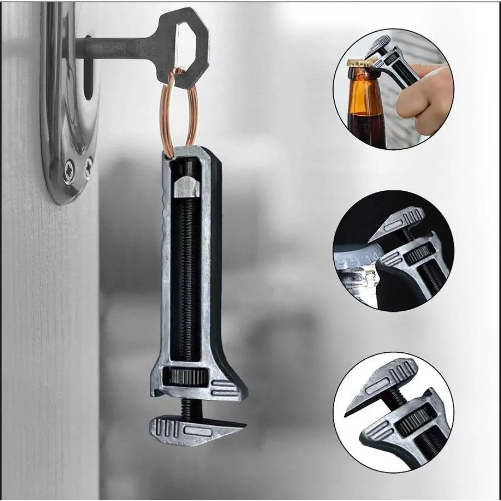 Stainless Steel 4-in-1 Tool Kitchen Utensil Multi-Tool Mini Wrench - Portable Adjustable Spanner with Smooth Handles, Built-in Cutter, Beer Opener, Keychain Clip - Ergonomic Compact for DIY Enthusiasts, Camping, Daily Repairs