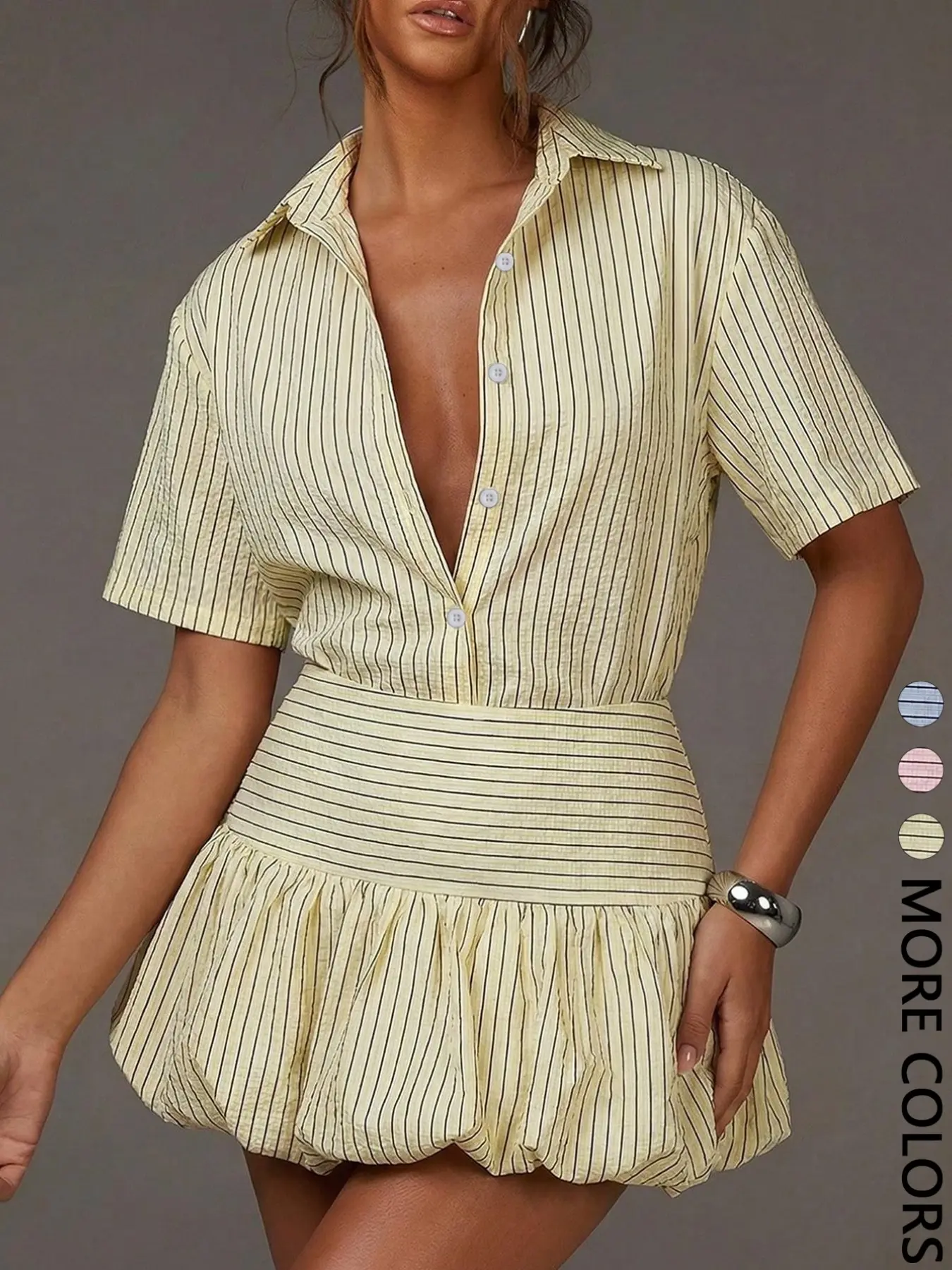 Women's 2-Piece Fashion Clothing Set, Collared Buttoned Striped Top + Slimming Flower Bud Skirt, Perfect for Dates, Parties, Beaches