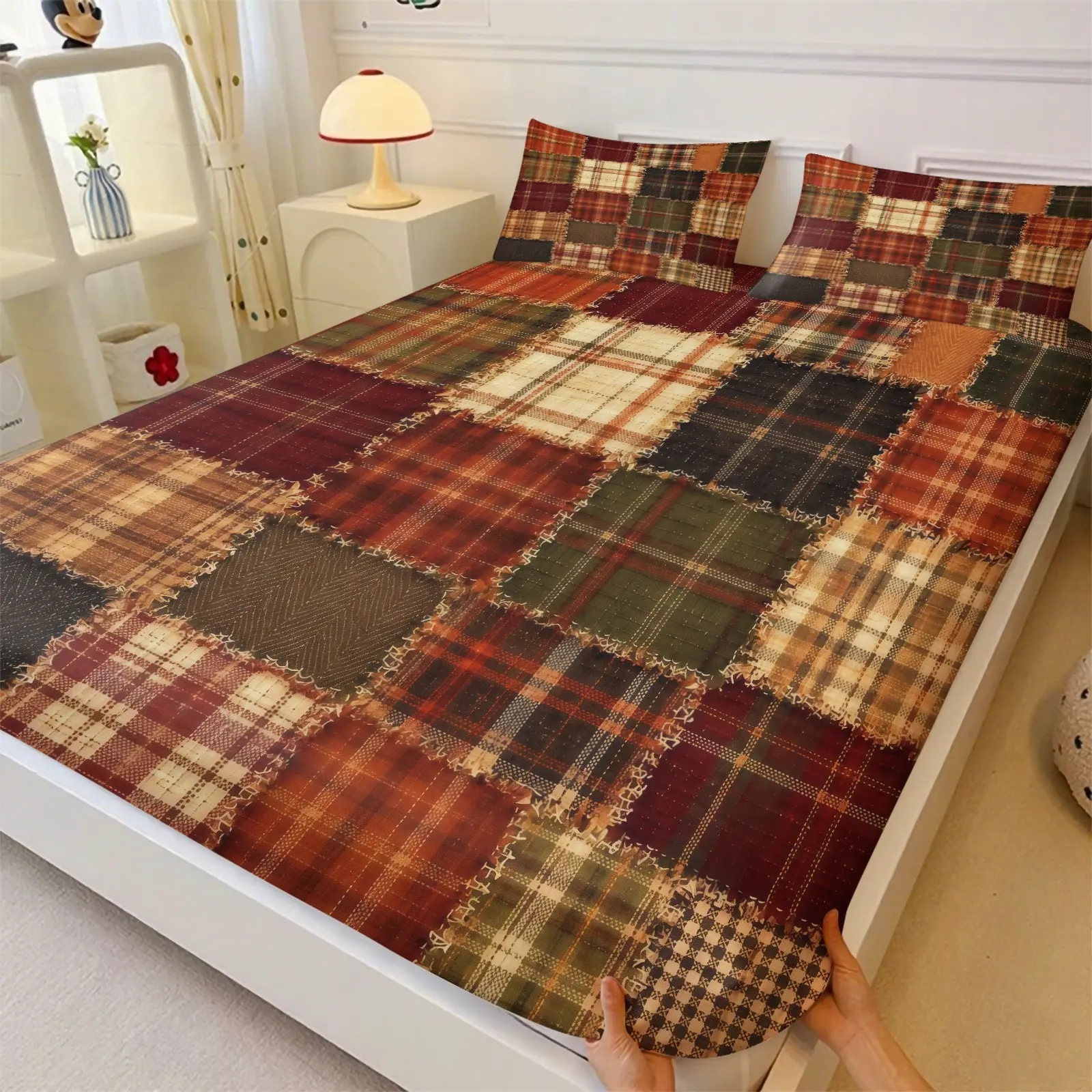 3-Piece Autumn Checkered Patchwork Pattern Bed Sheet, Autumn Bedding Set, Plaid Bedding Set, Including 1 Bed Sheet And 2 Pillowcases (Excluding Pillow Core), Suitable For Bedrooms, Farmhouse Style Autumn Soft Furnishings