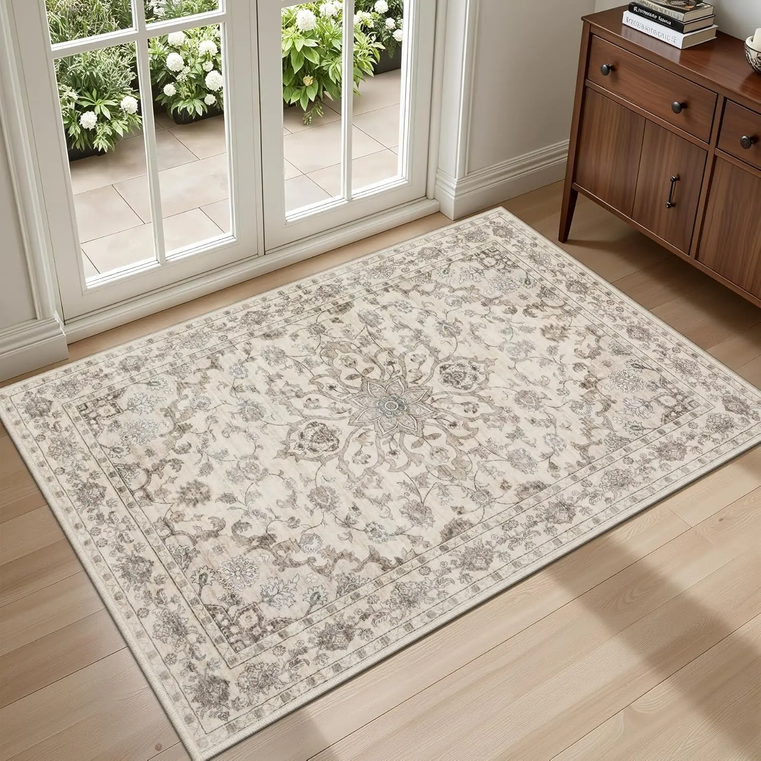 2x3 Area Rugs Living Room Rug: Washable Vintage Distressed Floral Rug No Slip Stain Resistant Soft Carpet Indoor Large Carpets for Bedroom Dining Room Farmhouse Nursery Hallway Home Office Brown Beige