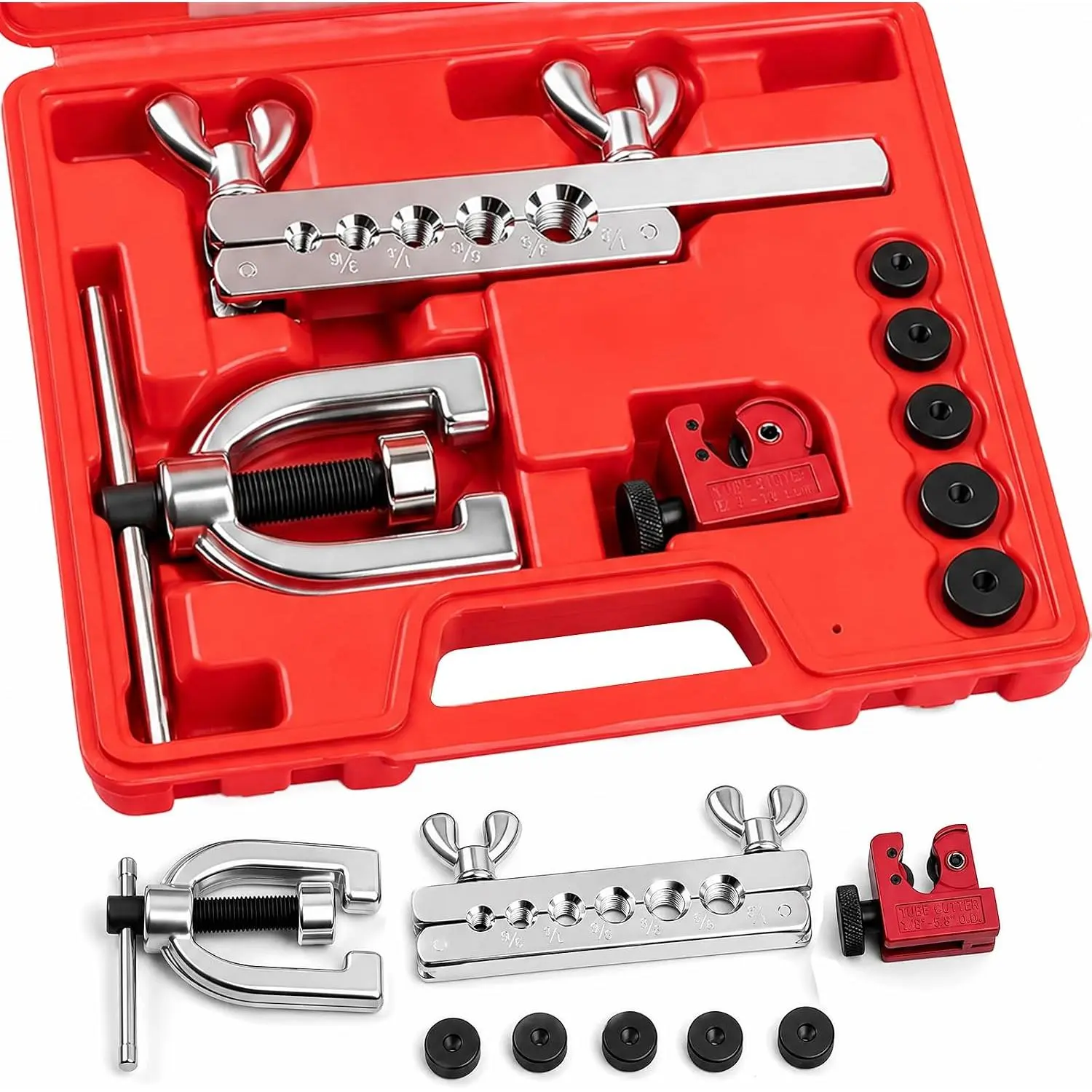 Line Single & Double Flaring Tool Kit, 45  Tubing Flare Set, Storage Case & 5 Adapters,3/16", 1/4", 5/16", 3/8" and 1/2” for Copper, , Brass, Magnesium & Soft Steel