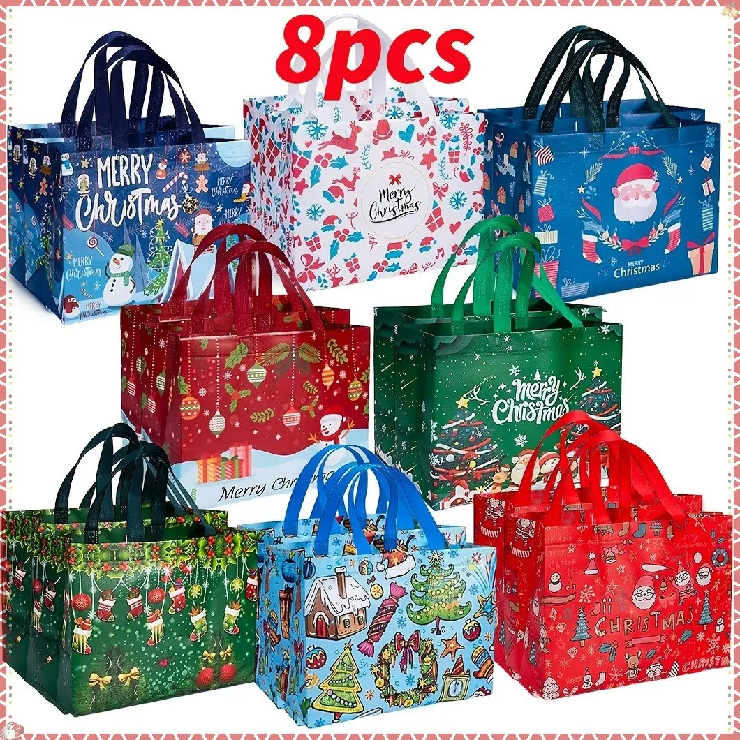 8Pcs Reusable Non-woven Christmas Gift Bags, Goodie Bags with Handles, Large Capacity 12.8"×9.8"×6.7" Handheld Shopping Totes, Red & Green Xmas Bags Printed with Santa Claus, Snowman & Christmas Tree, Holiday Shopping, New Year Decor & Party Supplies