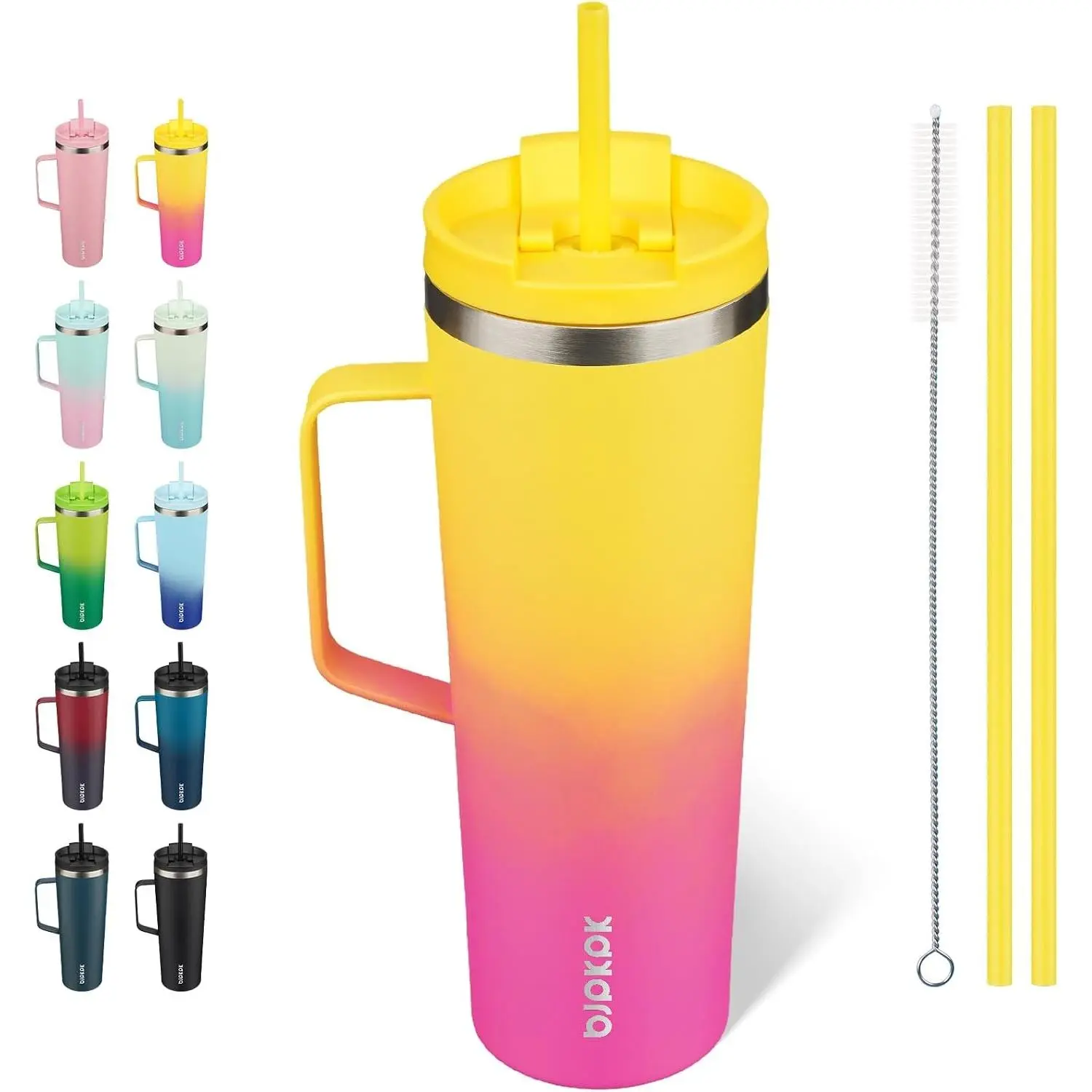 Insulated Tumbler 30oz with Handle, Lid and Straw, Pink & Yellow Rose Stainless Steel Travel Coffee Mug, Cupholder Friendly for Hot & Cold Beverages, Insulation, Drink, Portable