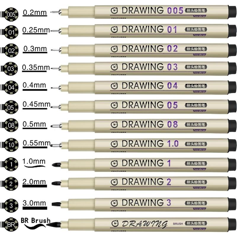 Drawing Pens  Fineliner Art Pens: 12 Black Fine Line Markers Art Supplies Adults Artist Sketch  Archival Ink Watercolor Inking Fine Liner Manga Sketching Zentangle Stuff Micron Pen Set