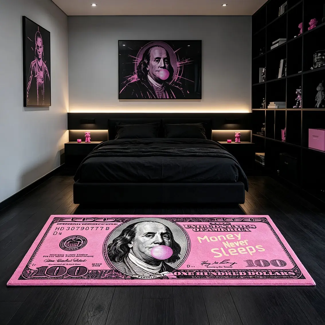 Peach powder blowing bubbles, US dollar bills, creative long carpet, soft and sticky high-density plush material, bedroom e-sports room decoration, floor mat, Modern Floor Rug, black powder trendy people making money, niche atmosphere, soft decoration
