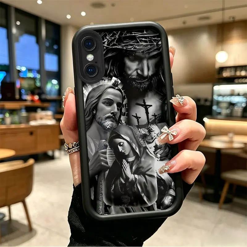 Durable Silicone Full Coverage Phone Case for iPhone X/iPhone XS/XS Max, TPU Splash-Proof Phone Accessories, HD Print Jesus & Virgin Mary Passion Collage, Celestial Eye Layered Design, Gift Option, BOJTN27F