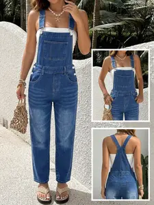 New Spring Summer Washed Light Blue Ripped Baggy Loose Fit Denim Overall, Comfortable Harem Style, Casual Adjustable Straps, All Seasons