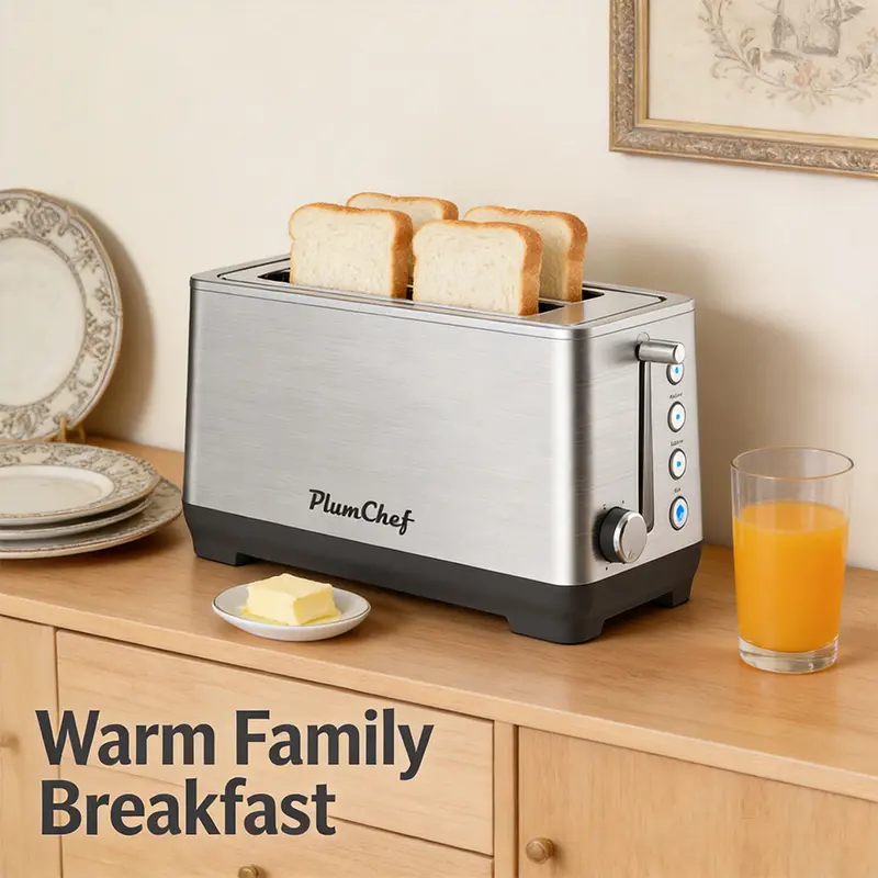 PlumChef 4-Slice Long Slot Toaster with Bagel, Defrost, and Reheat Functions