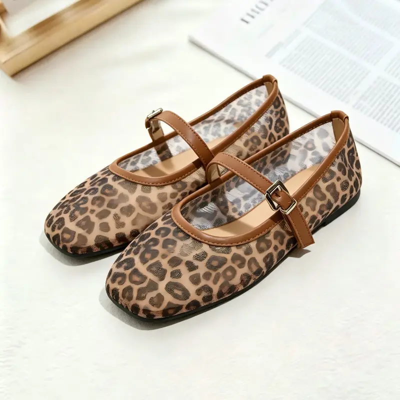 Women's Ballet Flat Shoes, Square Toe, Leopard Pattern, Metal Buckle, Hollow Out, Summer Breathable, Fashion Comfortable, Soft Sole Mary Jane, Leopard Print Shoes