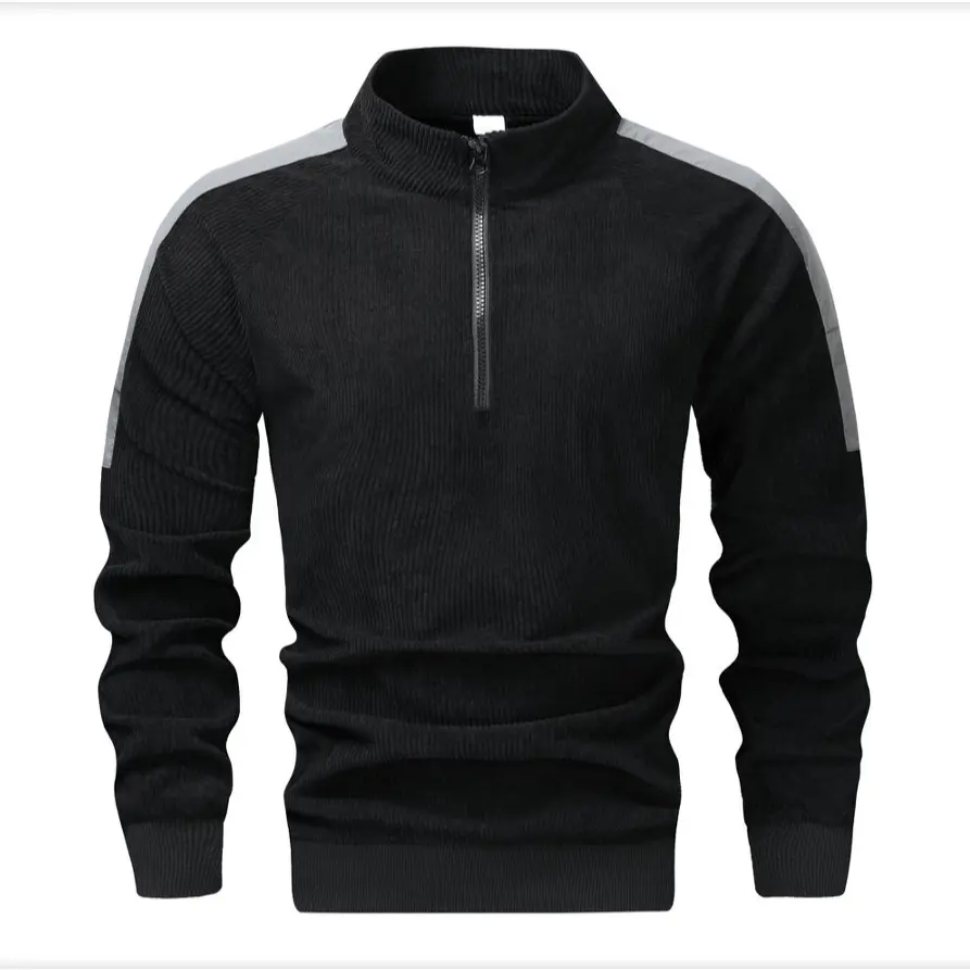 Men's Quarter-Zip Color-Blocked Ribbed Knit Sweater - Stand-Up Collar, Long-Sleeved Fitted Pullover, Polyester Clothes, All-Seasons, Cold Wash, Stylish Daily Casual Grey Sweatshirt