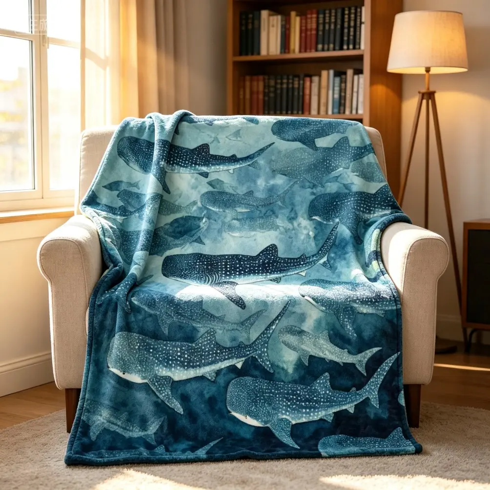 Watercolor Whale Shark Ocean Flannel Blanket, Soft Cozy Lightweight Throw for Adult Blanket Kids Blanket, Deep Sea Marine Animal Design Summer Cooling Air Conditioner Blanket for Sofa Bed Office Travel Gift