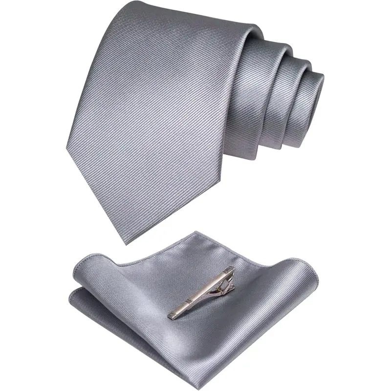 Men's Gray Tie Set, Classic Solid 3-Piece Formal Wear with Pocket Square and Tie Clip for Business & Weddings