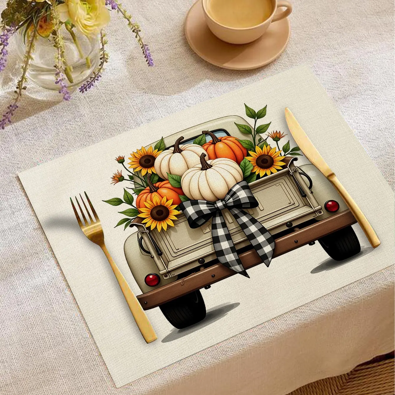 Autumn Harvest Festival Table Placemats, Pumpkin Pattern Heat-Resistant, Minimalist Style, Ideal for Festive Dinners & Daily Use