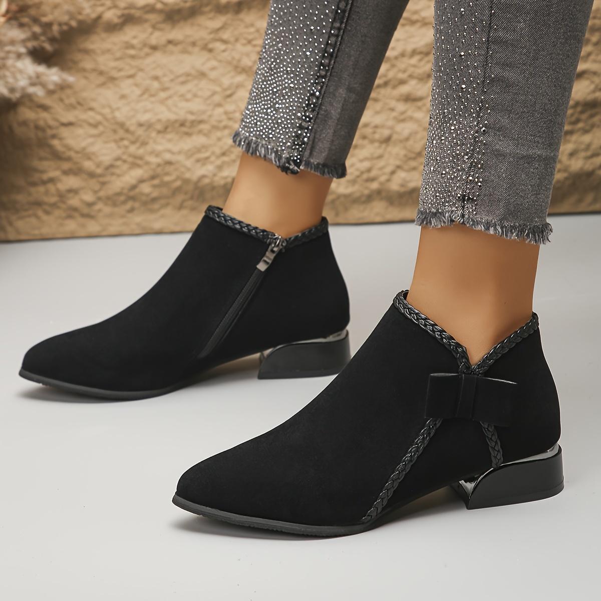 New Autumn/Winter Women's Mid-Heel Ankle Boots, Pointed Toe Single Boot with Bow, Fashionable and Versatile, Chunky Heel, Side Zipper, Women Shoes