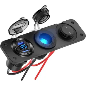 12V USB Outlet Boat Accessories Marine Switch Panel Plug, PD3.0 and Dual QC3.0 USB Ports Aluminum Car Charger with Voltmeter, Lighted 150W Cigarette Lighter Socket and Toggle Switch 3 in 1 DIY Kit