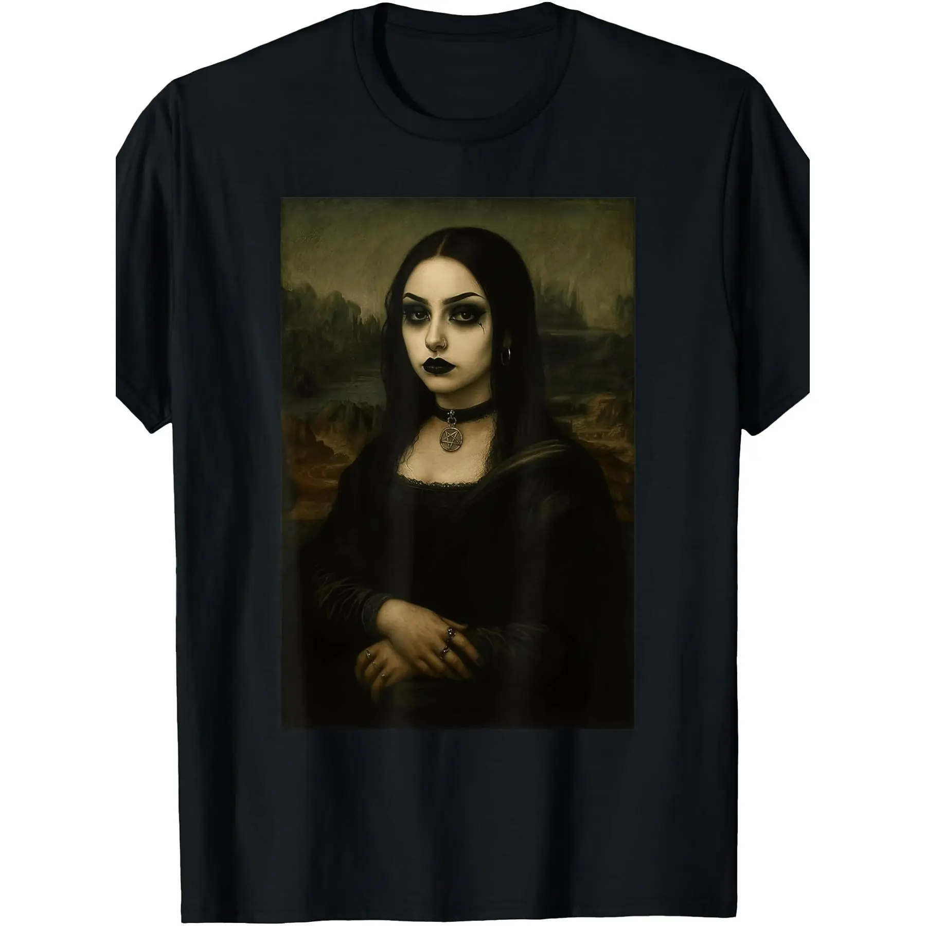 Men's Gothic T-Shirt with a Retro Mona Lisa Graphic, Emo Style Short Sleeve Round Neck Polyester Top, Tops, Shortsleeve, Menswear, Regular Fit, Drawing Print, Machine Wash, Digital Print, Micro Elastic, 100% Poly, All Seasons, Knit