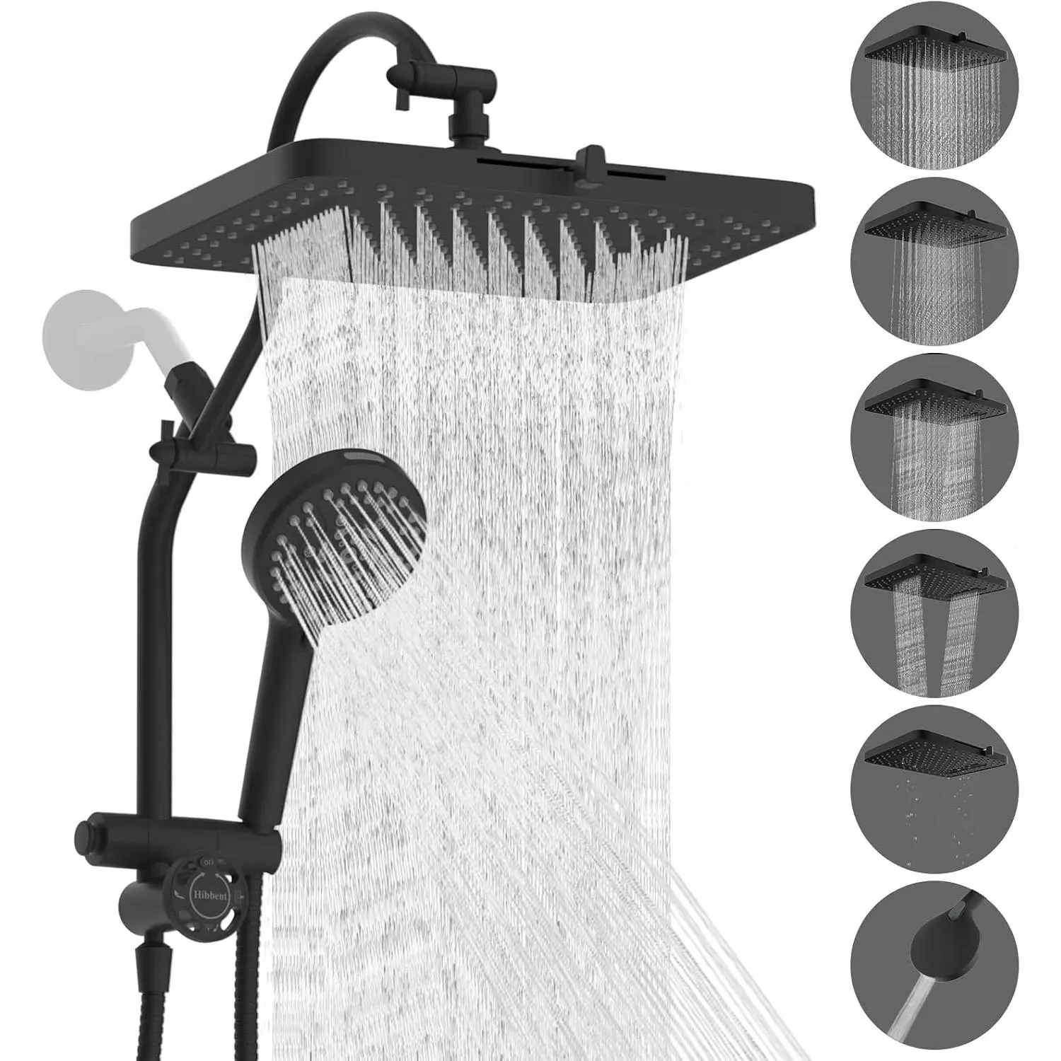 cUPC Certified High Pressue 13'' Rainfall Shower  with 5- | Shower Heads with Handheld 10- Combo,  Metal Easy  4-way Diverter Arm, 71'' Hose & Holder, Matte Black