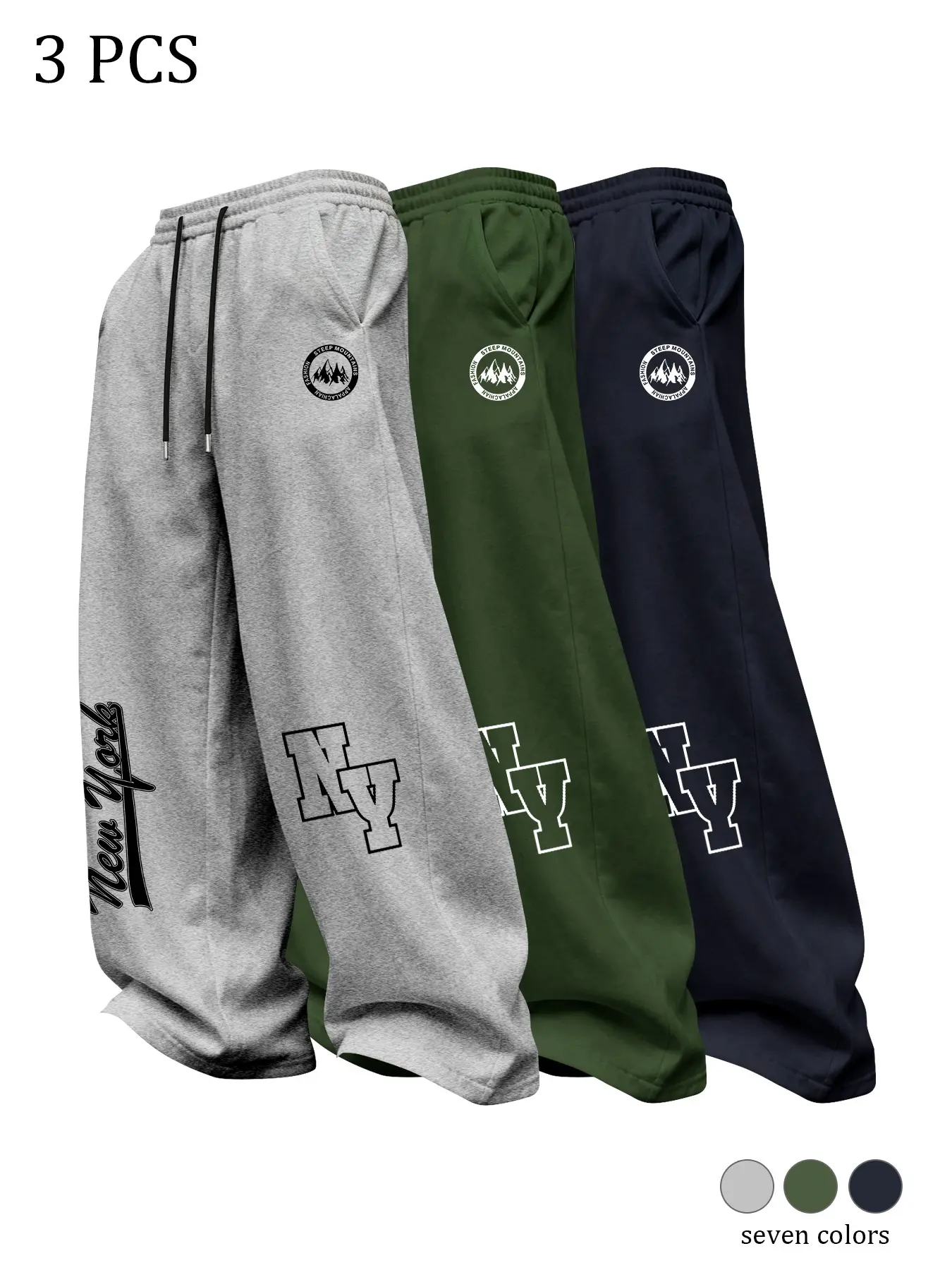 Men's Wide Leg Sweatpants, Nyc Theme Print, Loose Drawstring Long Pants, Casual Fall & Winter Sportswear, Three-Piece Set