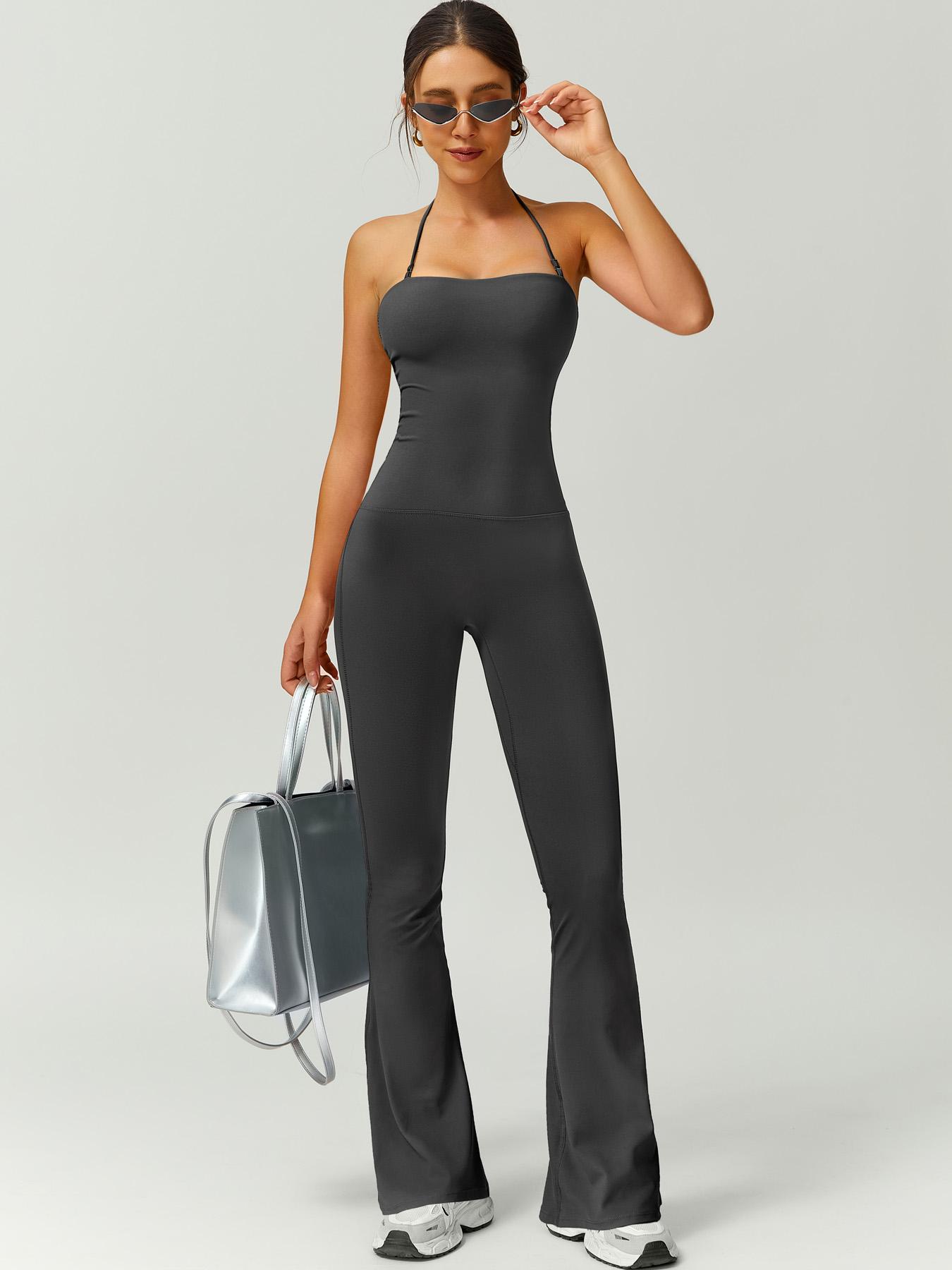 Women's Solid Color Flare Leg Sports Jumpsuit, Casual Comfy Breathable Jumpsuit for Yoga Gym Workout, Ladies Sportswear for Summer, Sportswear Jumpsuits