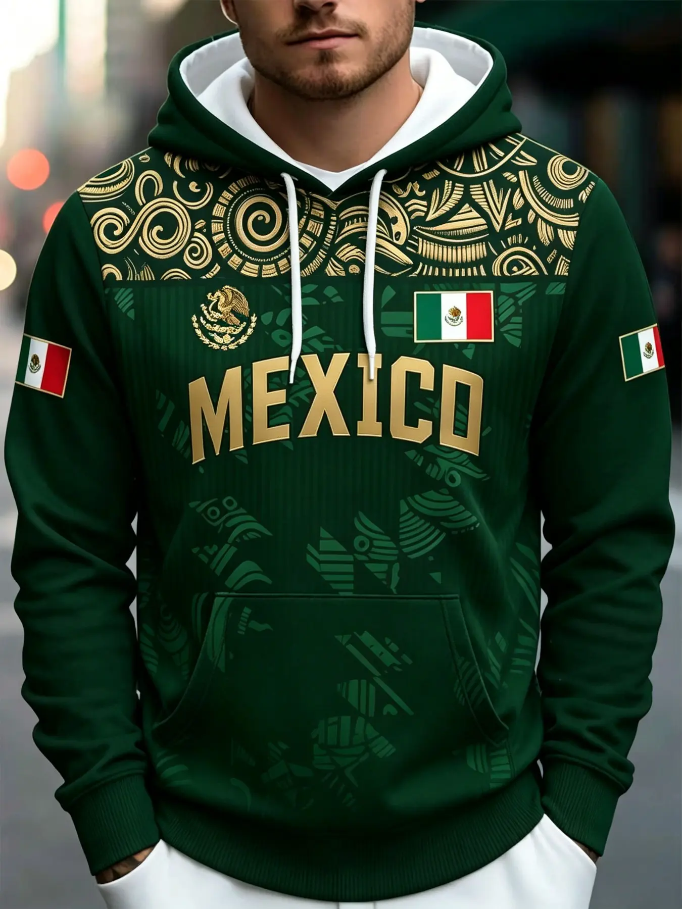 Men's Mexican Eagle Flag Hoodie, Long Sleeves, Aztec Print, Loose-Fit, Relaxed Fit, All Seasons, Casual Streetwear, Ethnic Style, Fall Winter Fashion
